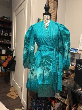 CELINA MOON Teal Botanical Wrap Mini Dress 20 inch skirt